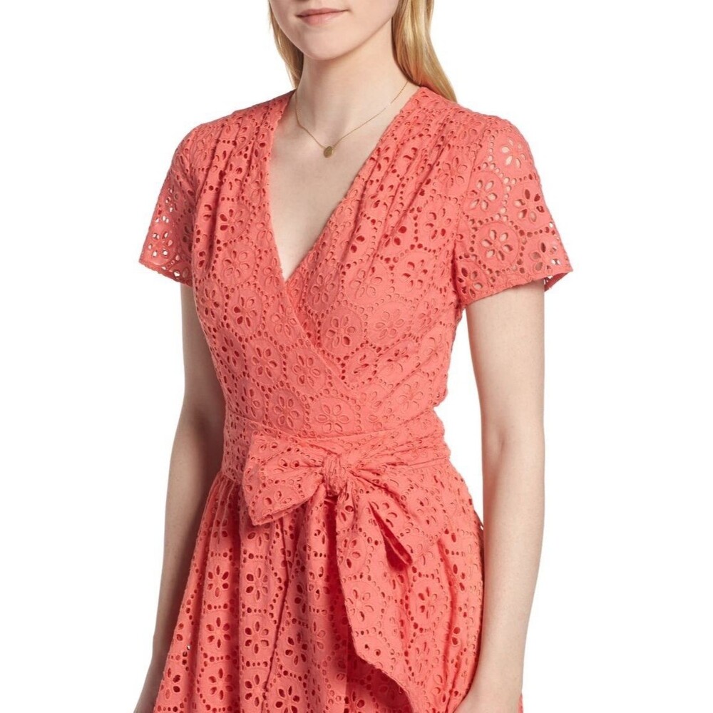 1901 Eyelet Lace Midi Dress Coral Orange Wrap Style Short Sleeve size 6 - Picture 3 of 9